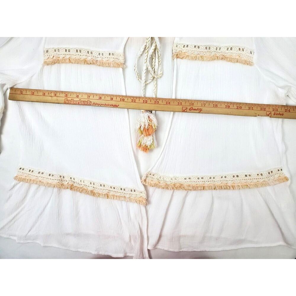 Democracy Womens Top Size XL Rayon Ivory White Bell Sleeves Gauze Tassel Tie - Picture 6 of 6